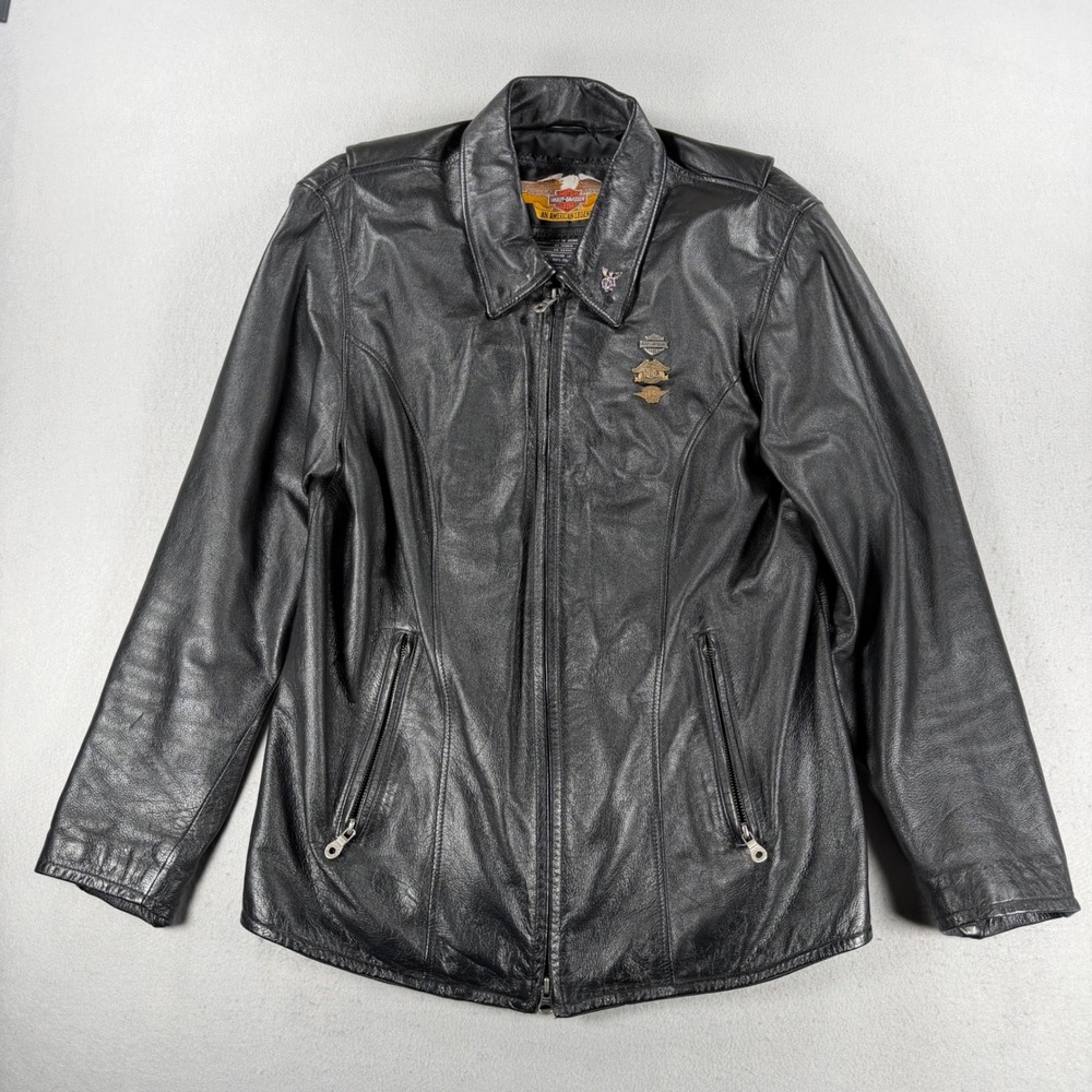 Y2K Harley-Davidson Womens Black Leather Motorcycle Jacket Embroidered Pins L